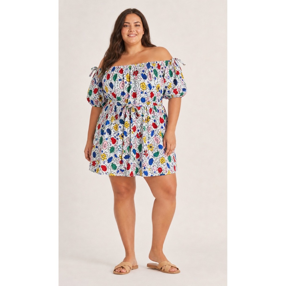 Eloquii Elements Off Shoulder Dress Women Plus 18 White Floral Print Cotton Belt